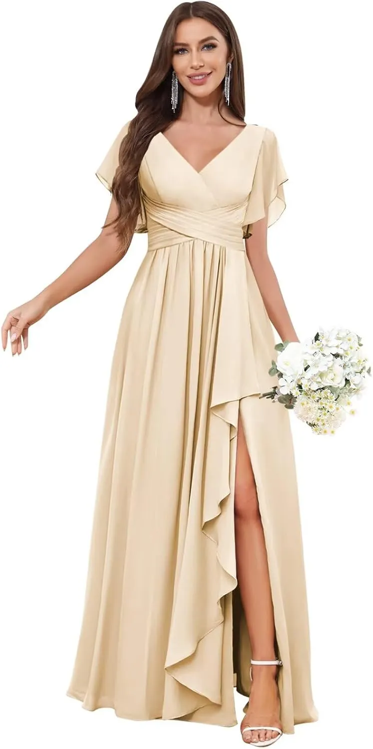 Ruffle Chiffon Bridesmaid Dresses Long A Line Short Sleeve Evening Formal Gown with Slit
