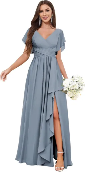Ruffle Chiffon Bridesmaid Dresses Long A Line Short Sleeve Evening Formal Gown with Slit