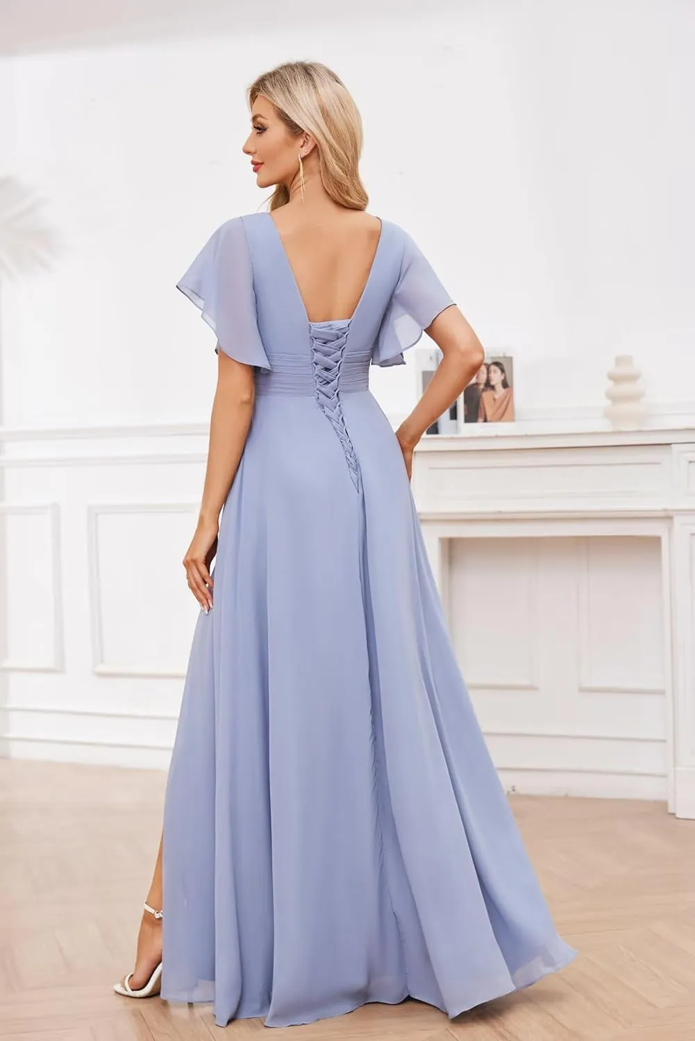 Ruffle Chiffon Bridesmaid Dresses Long A Line Short Sleeve Evening Formal Gown with Slit