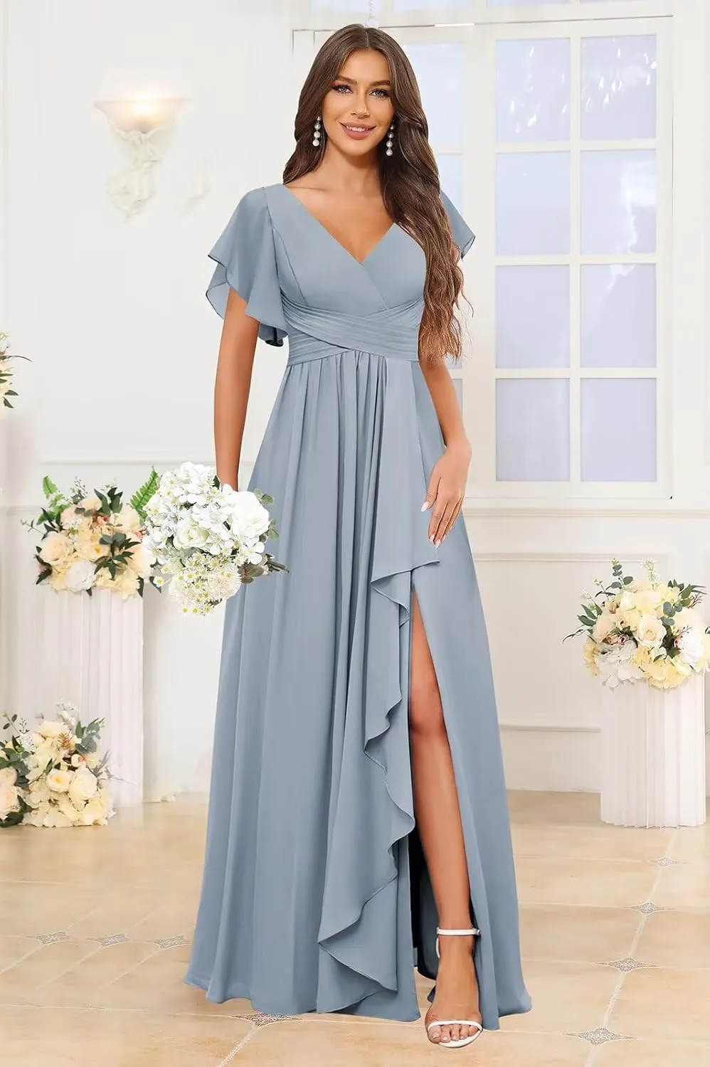 Ruffle Chiffon Bridesmaid Dresses Long A Line Short Sleeve Evening Formal Gown with Slit