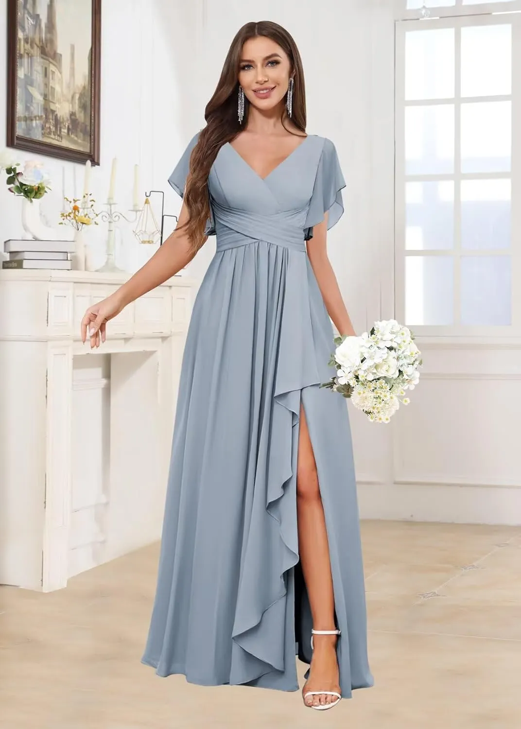 Ruffle Chiffon Bridesmaid Dresses Long A Line Short Sleeve Evening Formal Gown with Slit
