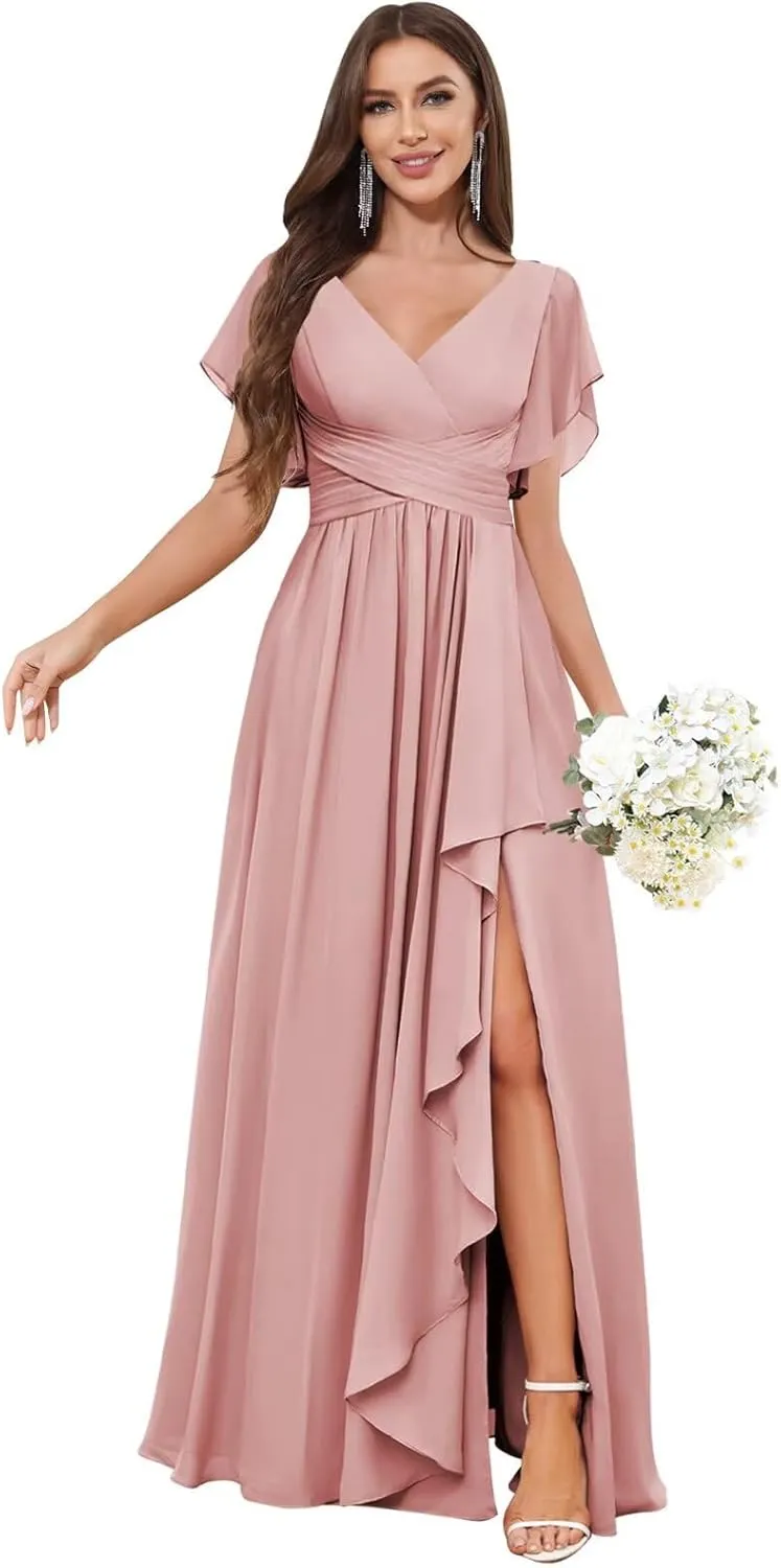 Ruffle Chiffon Bridesmaid Dresses Long A Line Short Sleeve Evening Formal Gown with Slit