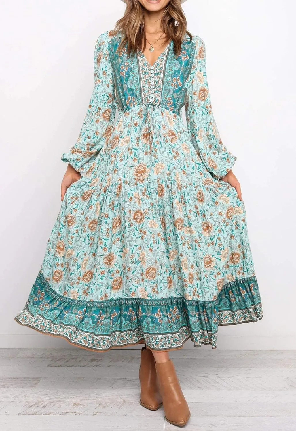 R.Vivimos Women's Long Sleeve Cotton V-Neck Button Up Floral Print Boho Flowy Midi Dresses