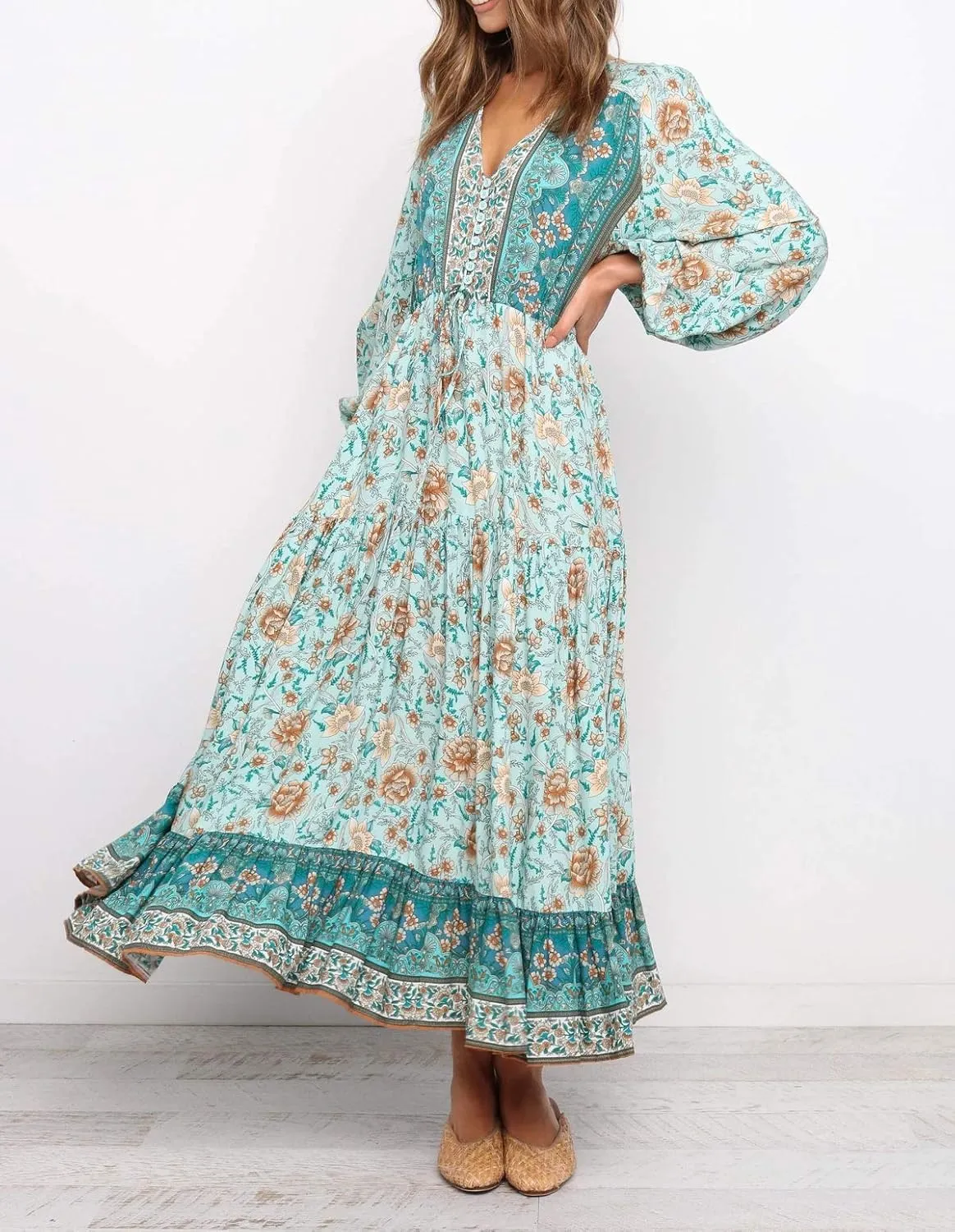 R.Vivimos Women's Long Sleeve Cotton V-Neck Button Up Floral Print Boho Flowy Midi Dresses