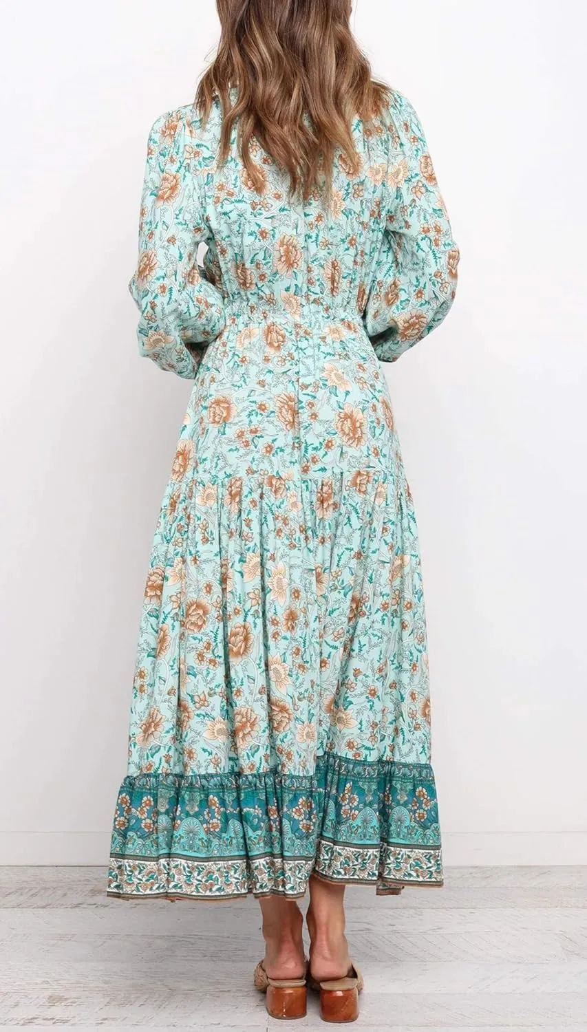 R.Vivimos Women's Long Sleeve Cotton V-Neck Button Up Floral Print Boho Flowy Midi Dresses