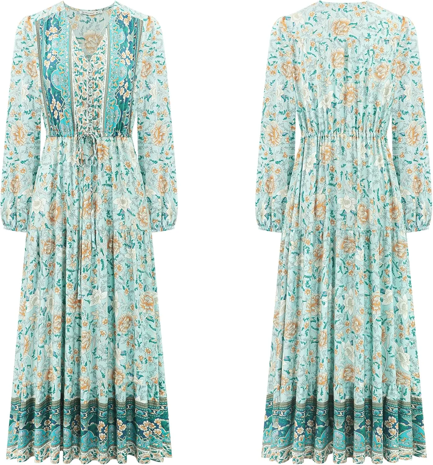 R.Vivimos Women's Long Sleeve Cotton V-Neck Button Up Floral Print Boho Flowy Midi Dresses