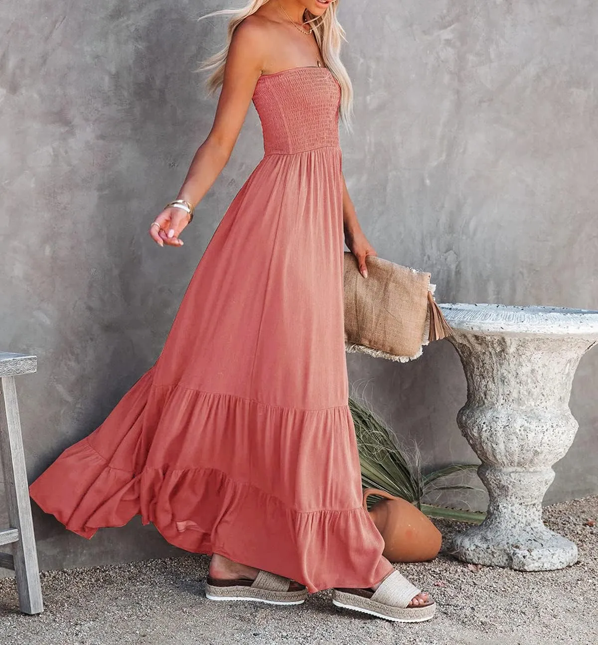 R.Vivimos Womens Summer Cotton Strapless Elastic Smocked Boho Beach Casual Flowy Maxi Tube Dresses