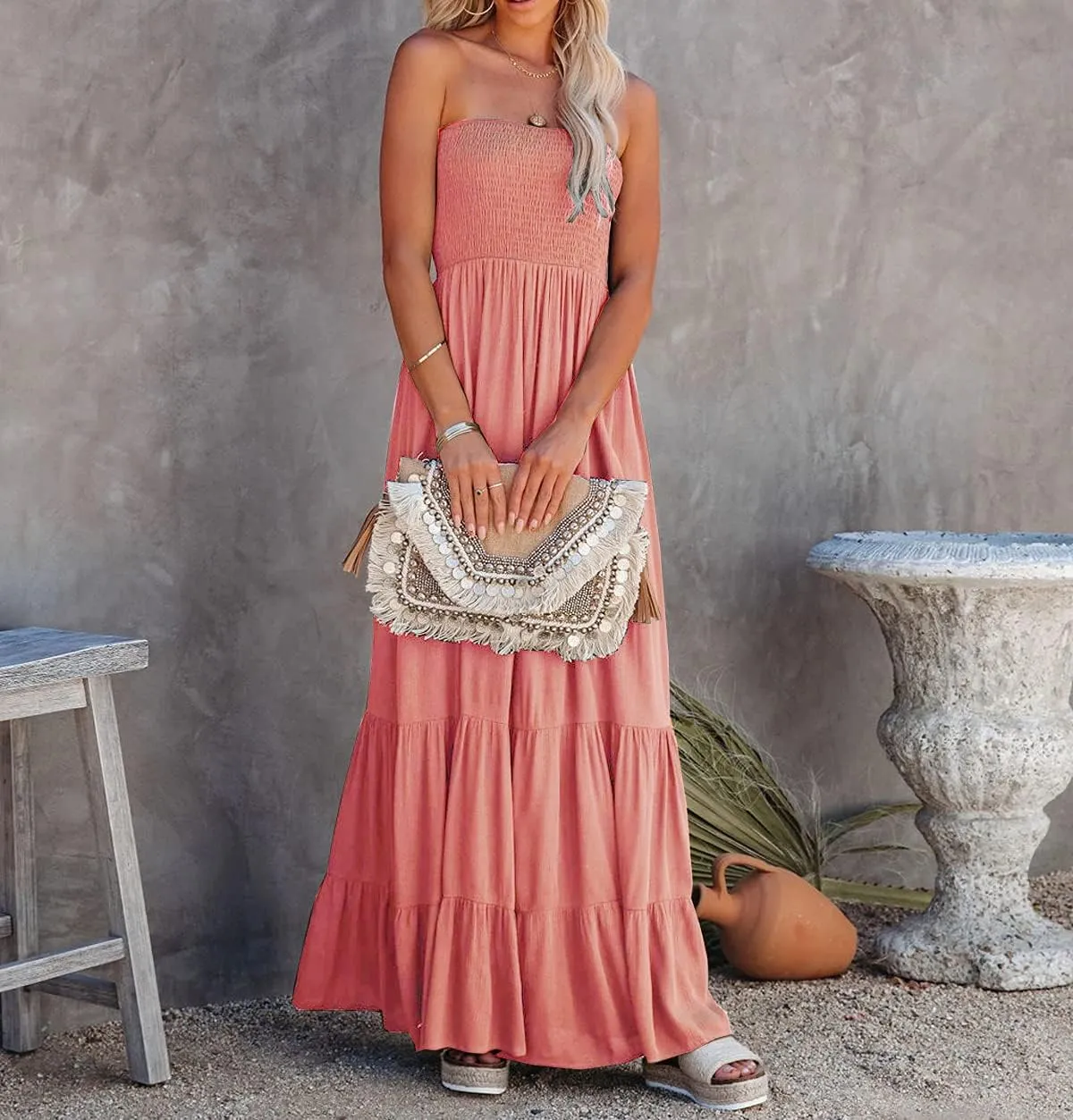 R.Vivimos Womens Summer Cotton Strapless Elastic Smocked Boho Beach Casual Flowy Maxi Tube Dresses