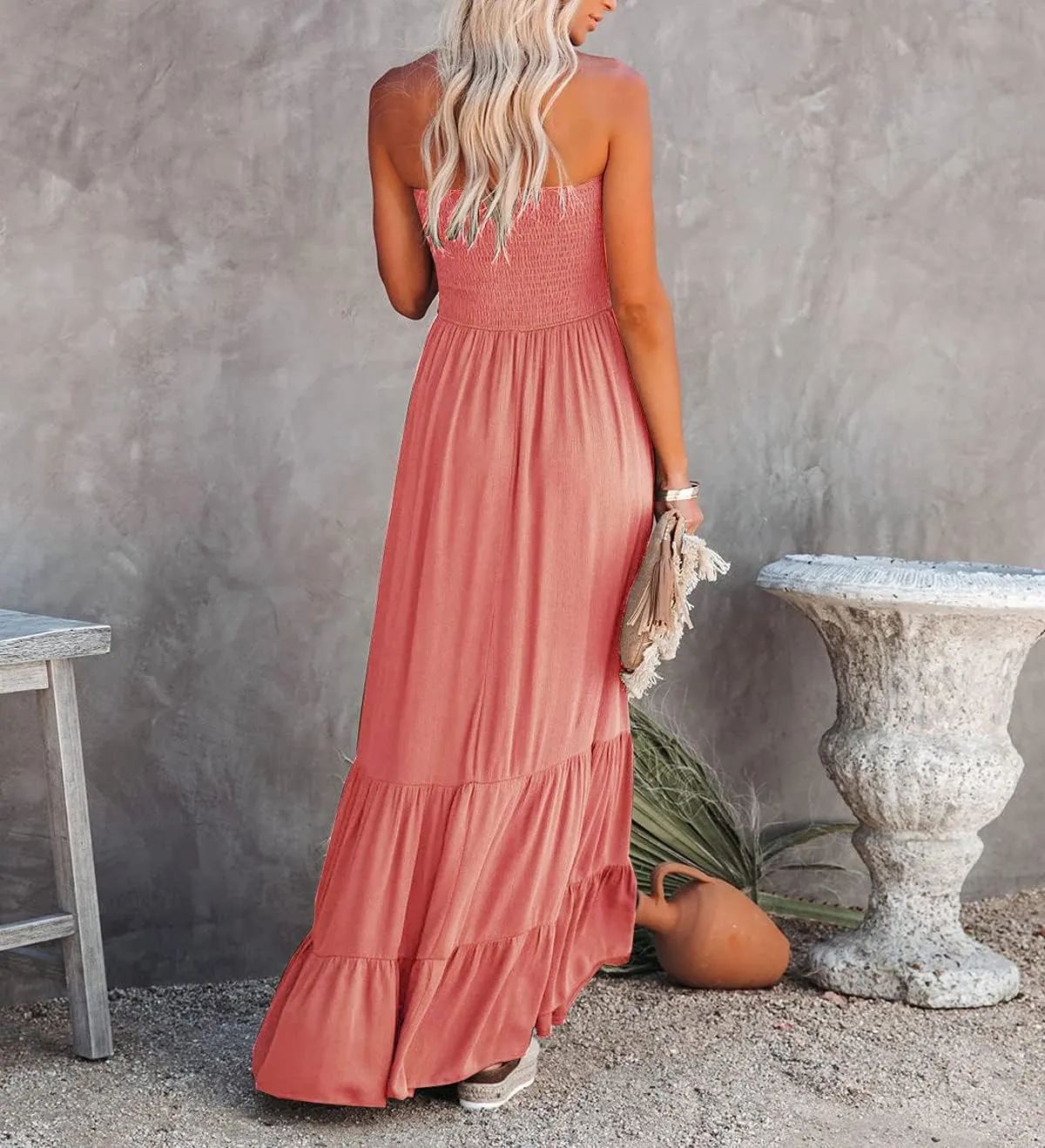 R.Vivimos Womens Summer Cotton Strapless Elastic Smocked Boho Beach Casual Flowy Maxi Tube Dresses