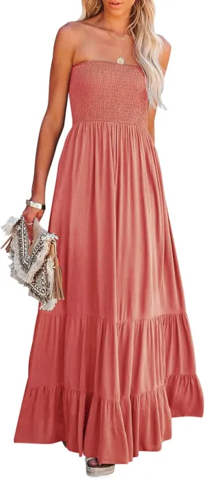 R.Vivimos Womens Summer Cotton Strapless Elastic Smocked Boho Beach Casual Flowy Maxi Tube Dresses