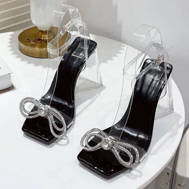 Sandals Elegant Rhinestone Bowknot Design Strange Perspext High Heels Square Toe PVC Transparent Clear Shoes