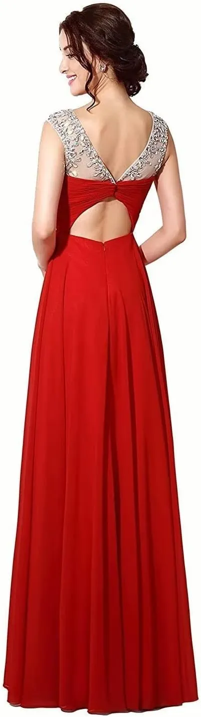 Sarahbridal Juniors Sheer Neck Beaded Sash Prom Dresses Long Chiffon Evening Party Gowns