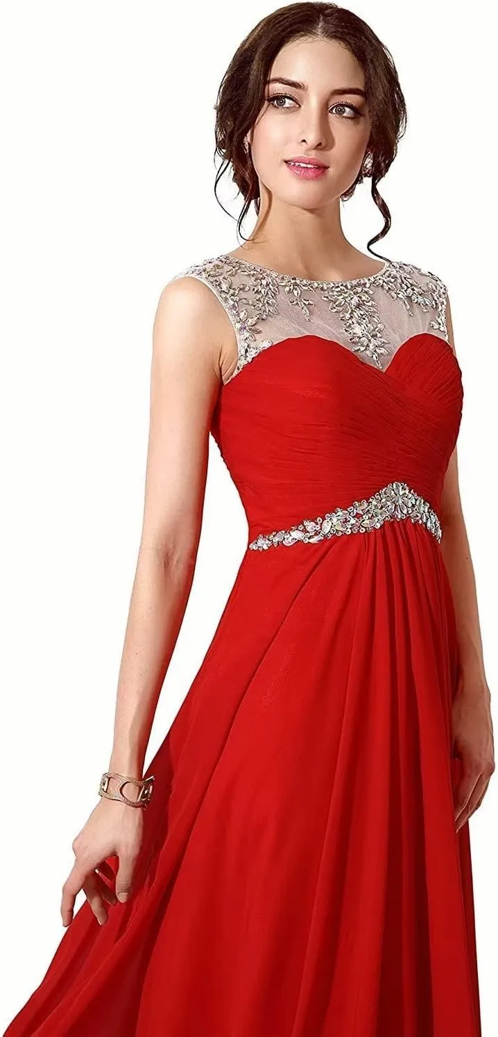 Sarahbridal Juniors Sheer Neck Beaded Sash Prom Dresses Long Chiffon Evening Party Gowns