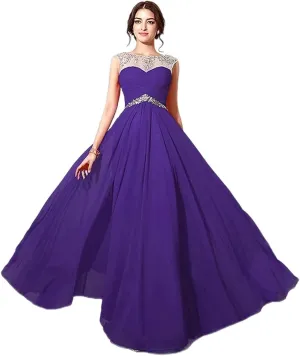 Sarahbridal Juniors Sheer Neck Beaded Sash Prom Dresses Long Chiffon Evening Party Gowns