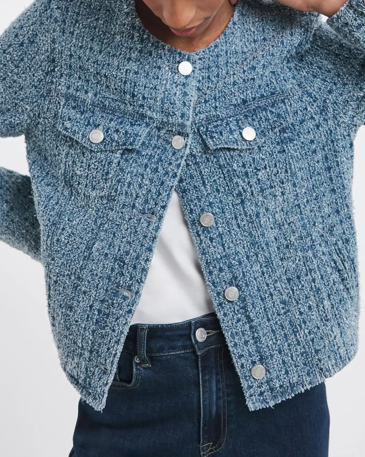 SCOFEEL Women's Collarless Denim Jacket Boucle Textured Crop Coat Long Sleeve Button Down Fit Jean Jacket with Pockets