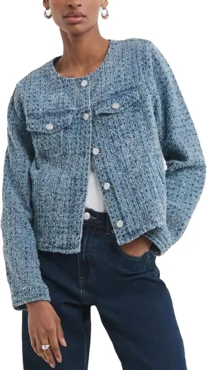 SCOFEEL Women's Collarless Denim Jacket Boucle Textured Crop Coat Long Sleeve Button Down Fit Jean Jacket with Pockets