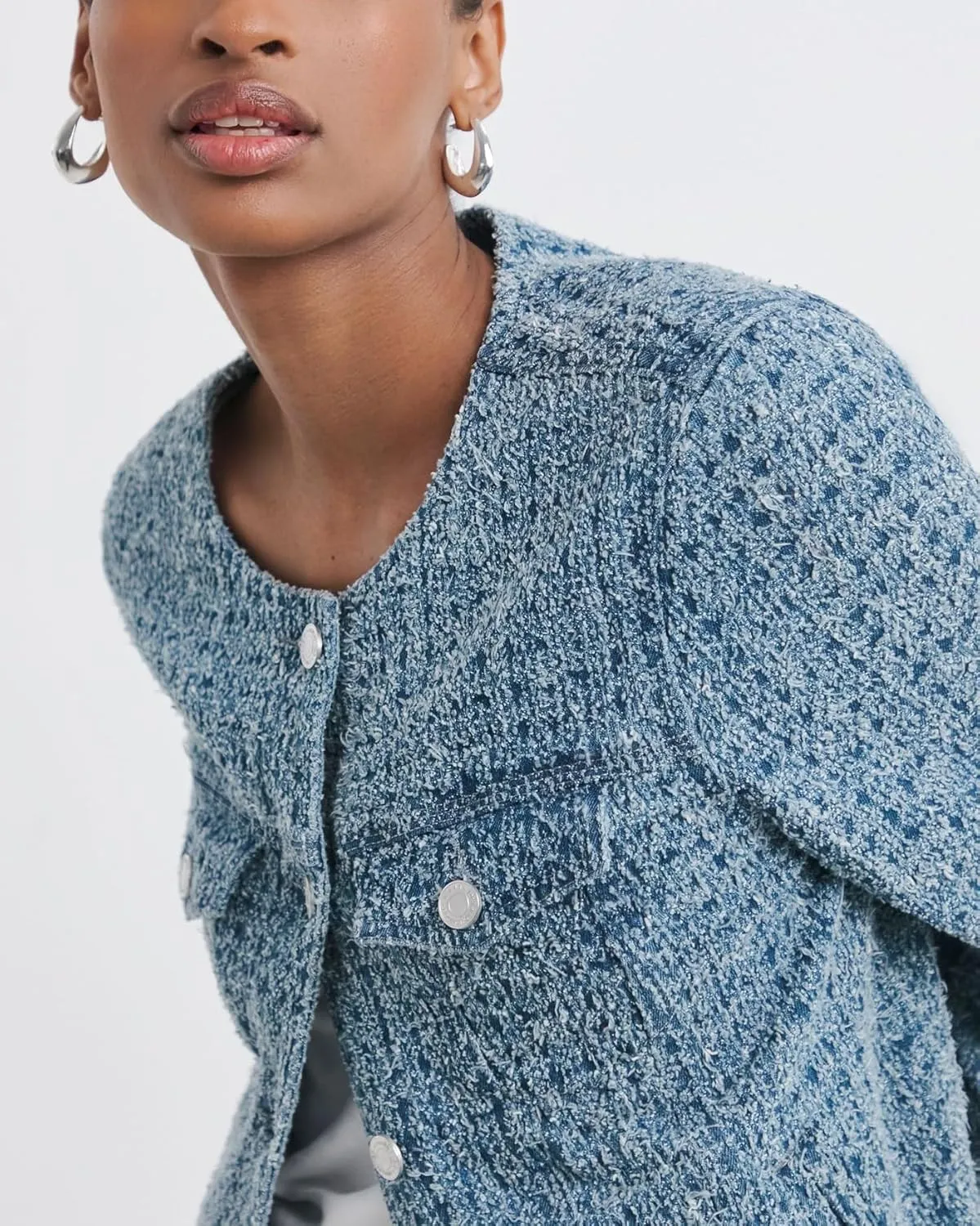 SCOFEEL Women's Collarless Denim Jacket Boucle Textured Crop Coat Long Sleeve Button Down Fit Jean Jacket with Pockets