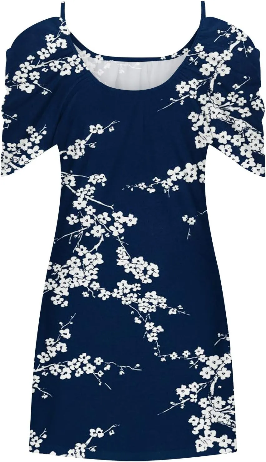 Sexy Dresses for Women 2024 Plus Size Floral Print Open Shoulder Short Beach Sundress Loose fit Crew Neck Mini Dress