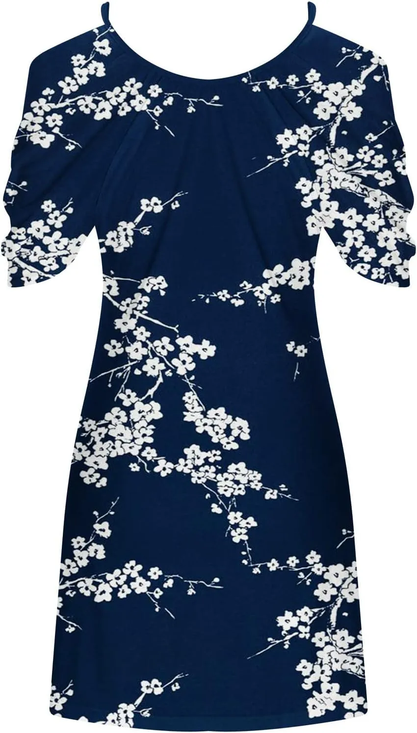 Sexy Dresses for Women 2024 Plus Size Floral Print Open Shoulder Short Beach Sundress Loose fit Crew Neck Mini Dress