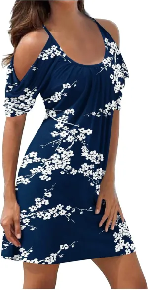 Sexy Dresses for Women 2024 Plus Size Floral Print Open Shoulder Short Beach Sundress Loose fit Crew Neck Mini Dress