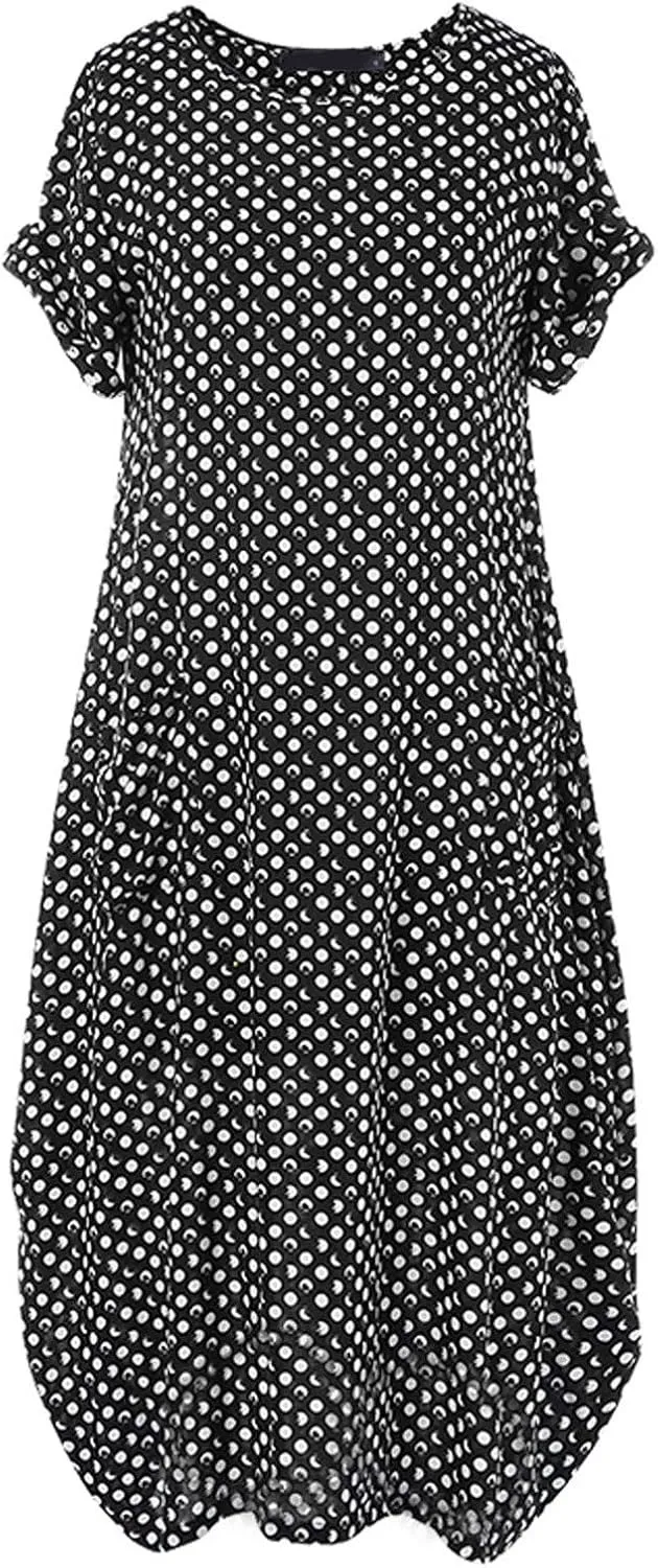 SHAOBGE Cocktail Dress for Women Trendy 2024 Round Casual Polka Neck Sleeve Print Maxi Women Short Dress Summer