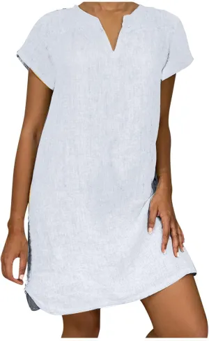 Shirt Dresses for Women Cap Sleeved Vintage Cotton Linen Long Dress Loose Fit Crewneck Casual Summer Dress Pockets