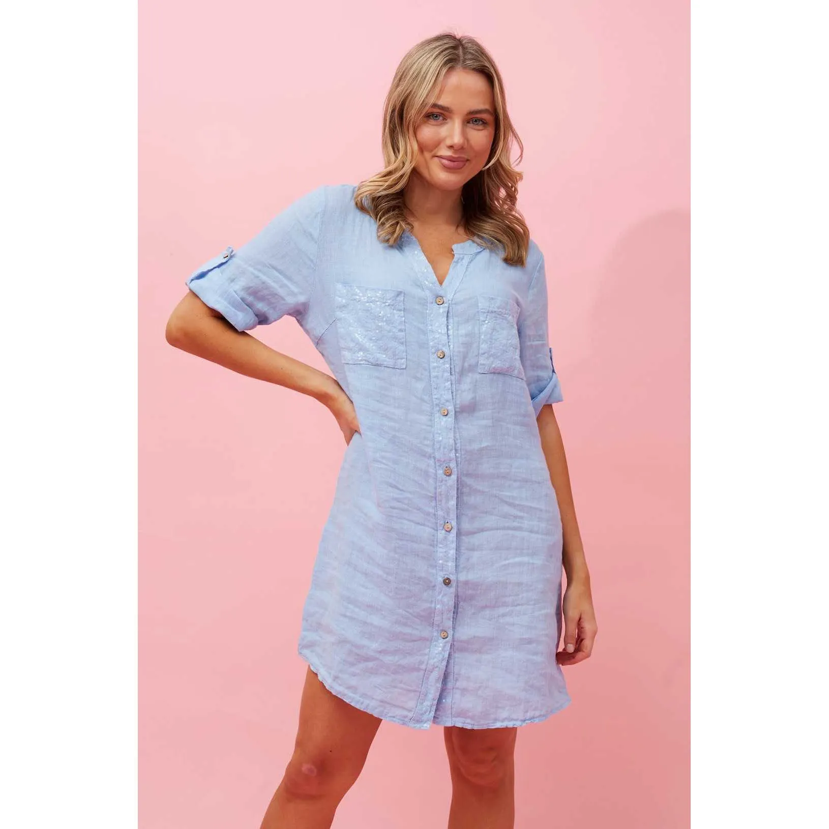 Short Sleeve Button Up Dress With Pockets And Sequin Detail - Sky Blue