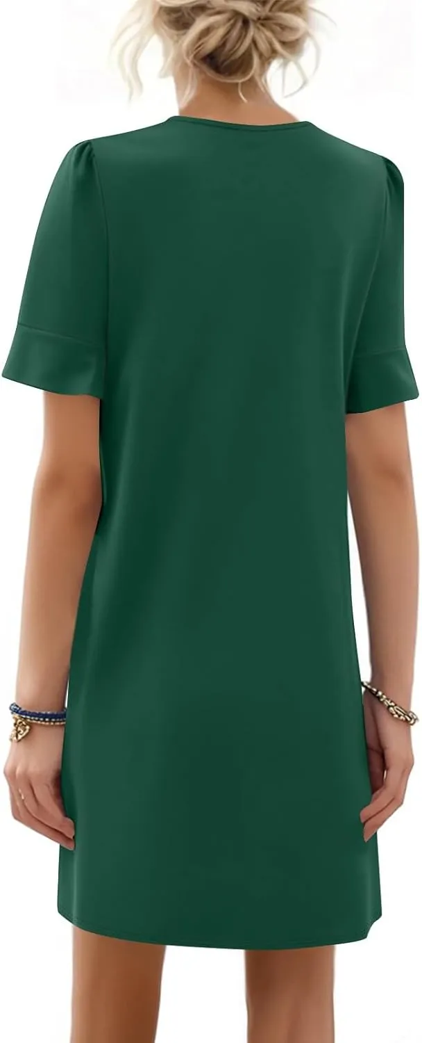 Short Sleeve Dress for Women Trendy V Neck Ruffle Shift Pocket Mini Dresses Casual Summer Flowy Beach Sundresses
