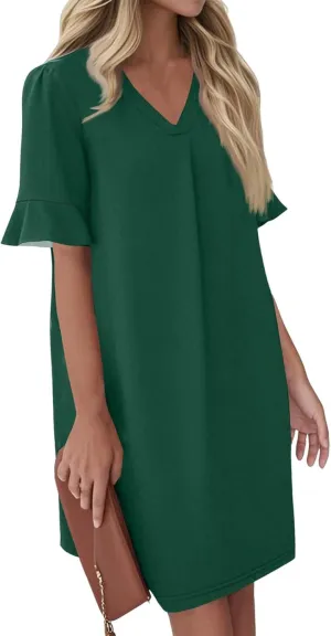 Short Sleeve Dress for Women Trendy V Neck Ruffle Shift Pocket Mini Dresses Casual Summer Flowy Beach Sundresses
