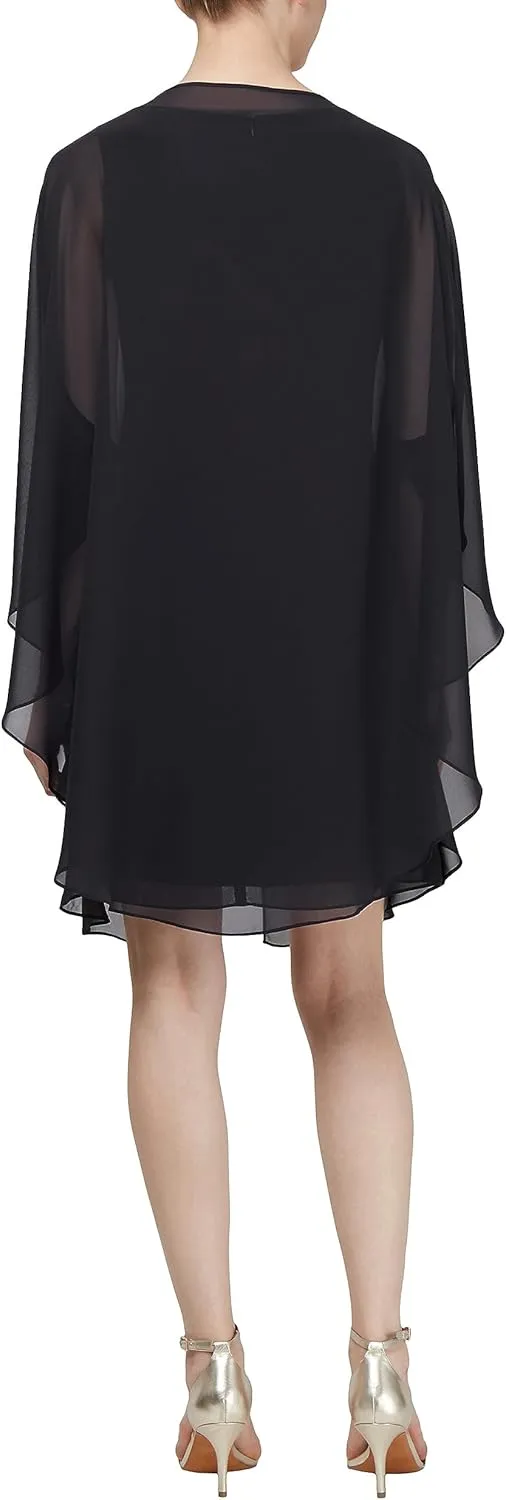 S.L. Fashions Women's Floral Foil Print Sheath Dress with Chiffon Capelet