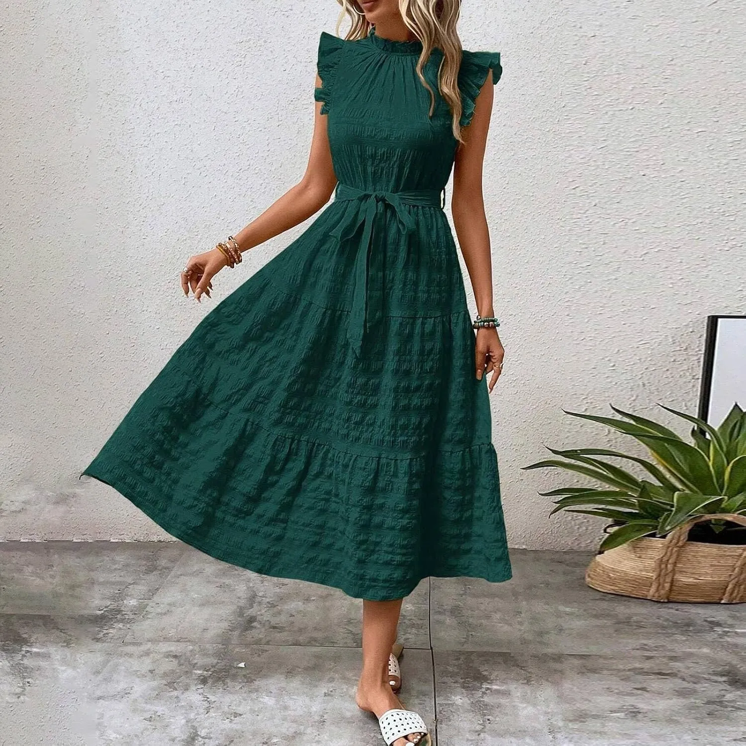 Sleeveless Dresses for Women 2024, Women's Casual Feather V Neck Retro Long Dress Vacation Beach Sun, S XXL