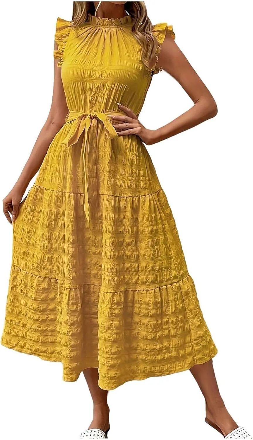 Sleeveless Dresses for Women 2024, Women's Casual Feather V Neck Retro Long Dress Vacation Beach Sun, S XXL