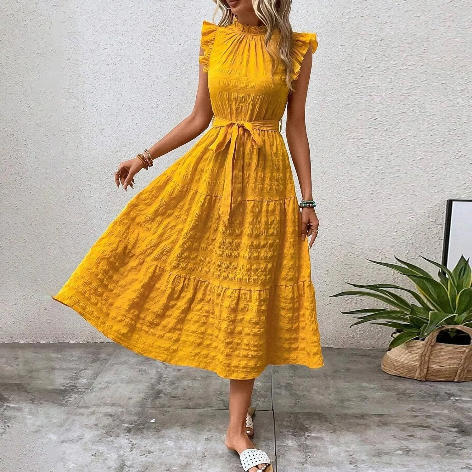 Sleeveless Dresses for Women 2024, Women's Casual Feather V Neck Retro Long Dress Vacation Beach Sun, S XXL