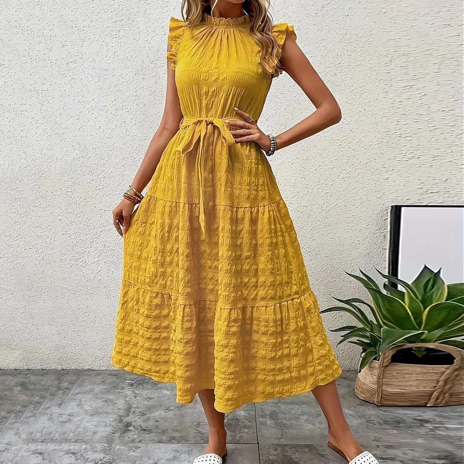 Sleeveless Dresses for Women 2024, Women's Casual Feather V Neck Retro Long Dress Vacation Beach Sun, S XXL