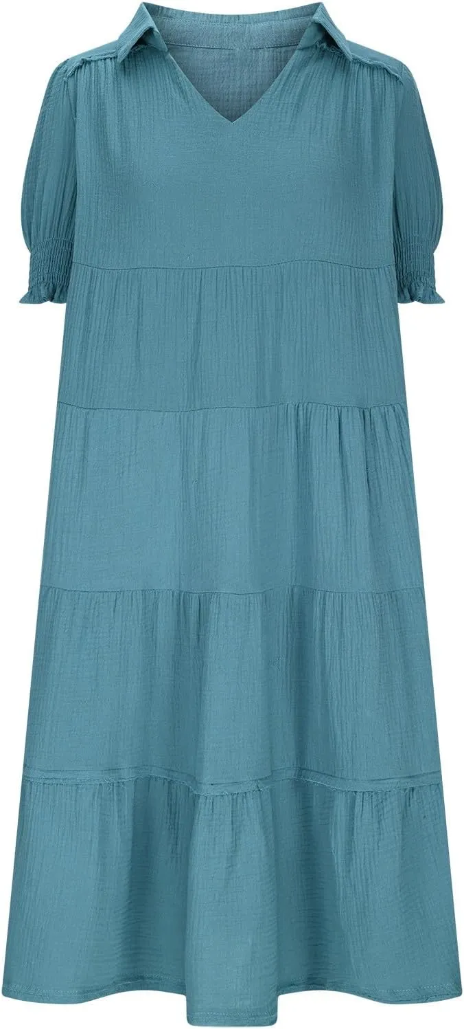 Solid Puff Sleeve Dresses Women Spring Summer Trendy Midi Dress Pleated Swing V Neck Sundress Casual Outfits
