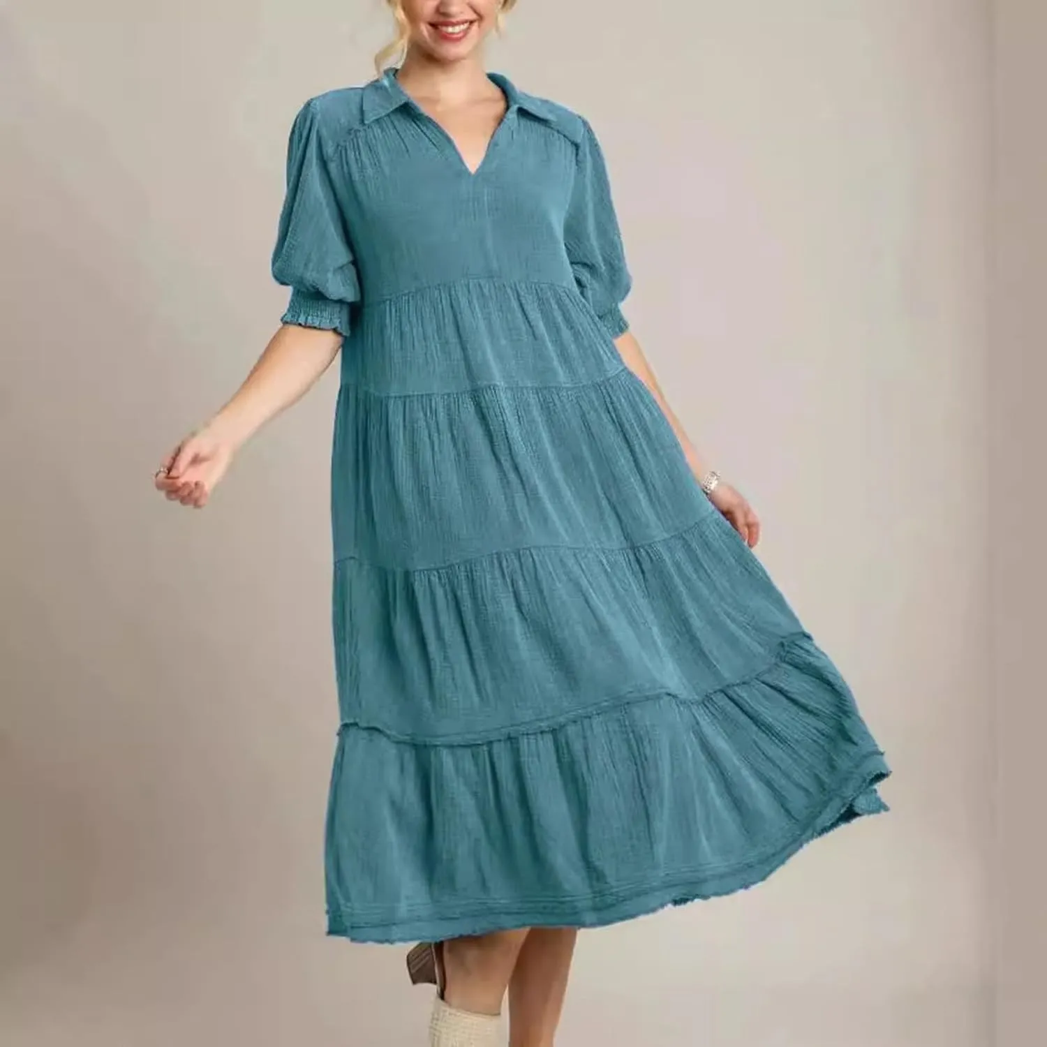 Solid Puff Sleeve Dresses Women Spring Summer Trendy Midi Dress Pleated Swing V Neck Sundress Casual Outfits
