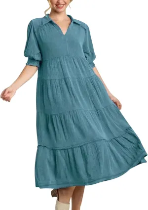 Solid Puff Sleeve Dresses Women Spring Summer Trendy Midi Dress Pleated Swing V Neck Sundress Casual Outfits