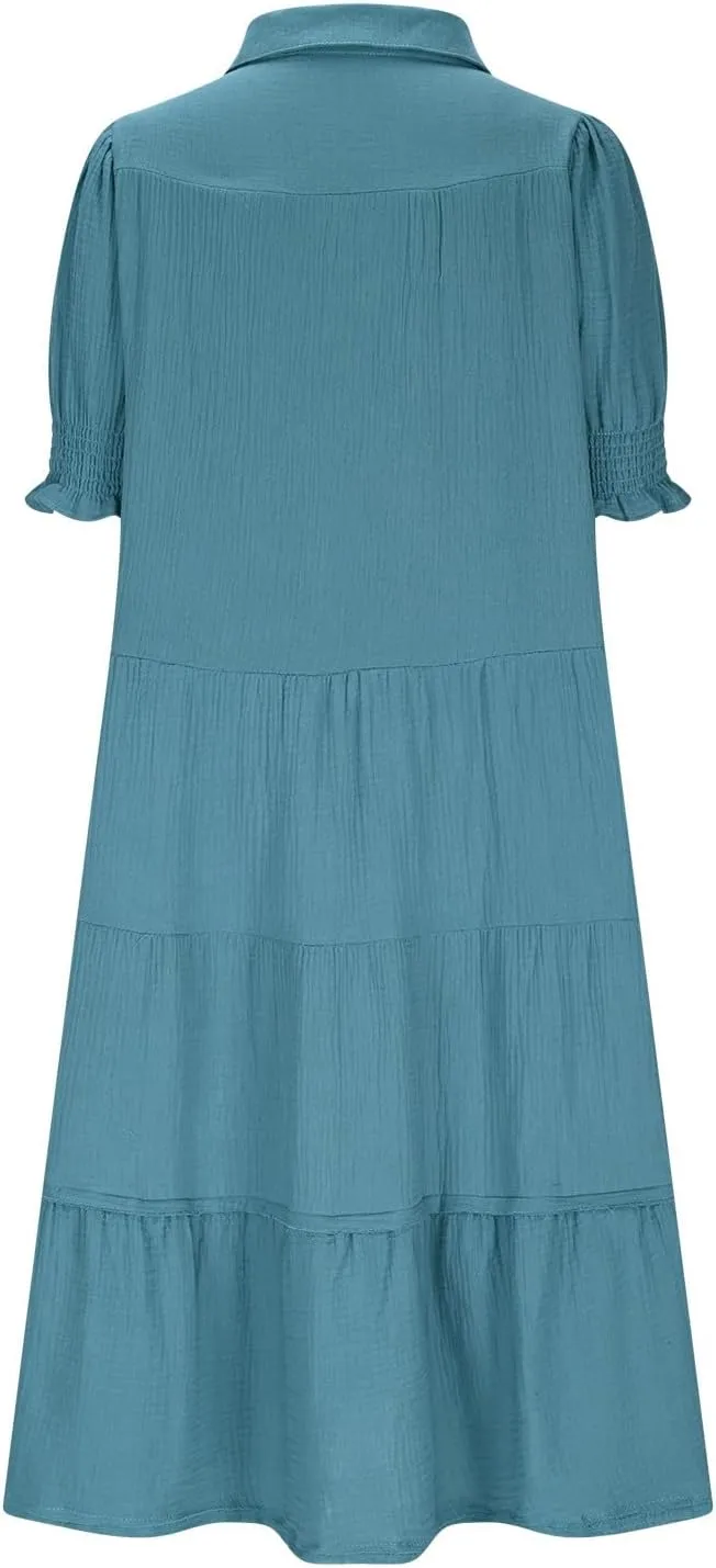 Solid Puff Sleeve Dresses Women Spring Summer Trendy Midi Dress Pleated Swing V Neck Sundress Casual Outfits