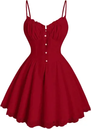 SOLY HUX Women's Lace Hem Ruffle Mini Dress Spaghetti Strap Button Front Flared A Line Party Flowy Dresses