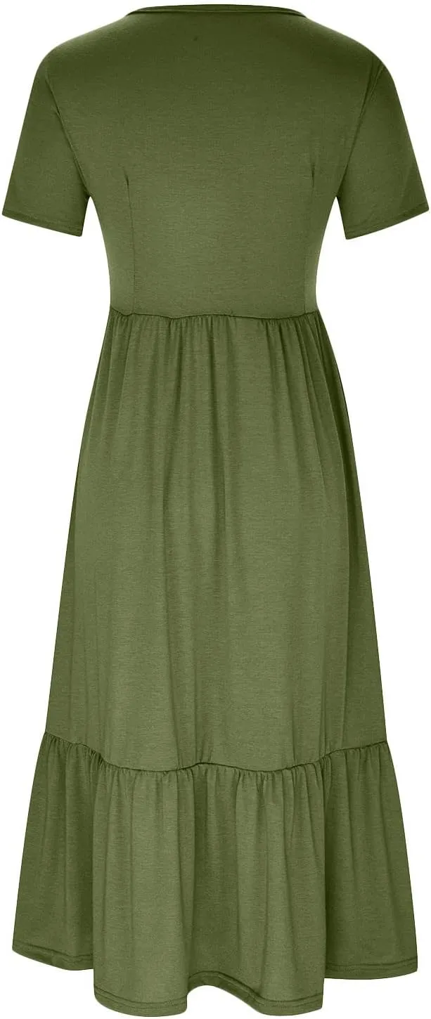 Spring Dresses for Women 2024 Trendy Short Sleeve Crewneck Flowy Tiered Midi Dress Casual Swing Beach Sundress with Pockets