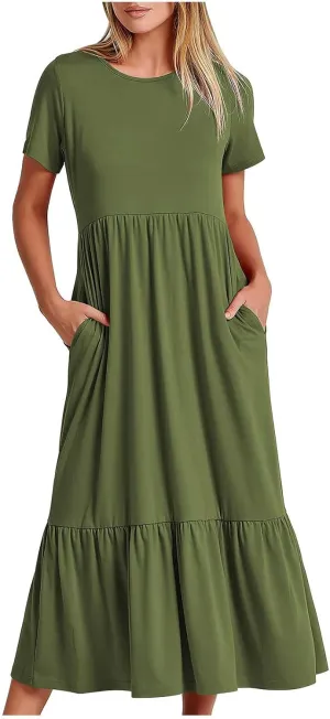 Spring Dresses for Women 2024 Trendy Short Sleeve Crewneck Flowy Tiered Midi Dress Casual Swing Beach Sundress with Pockets
