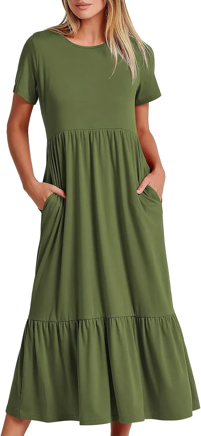 Spring Dresses for Women 2024 Trendy Short Sleeve Crewneck Flowy Tiered Midi Dress Casual Swing Beach Sundress with Pockets