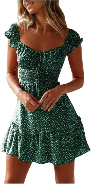 Square Neck Mini Dress for Women Short Sleeve Tie Front Smocked Dress Summer Floral Print Ruffle Vacation Beach Dress