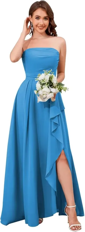 Strapless Bridesmaid Dresses for Women with Slit Ruffle Chiffon Ruched Formal Long Evening Gowns