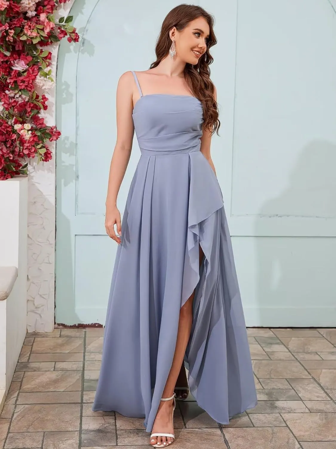Strapless Bridesmaid Dresses for Women with Slit Ruffle Chiffon Ruched Formal Long Evening Gowns