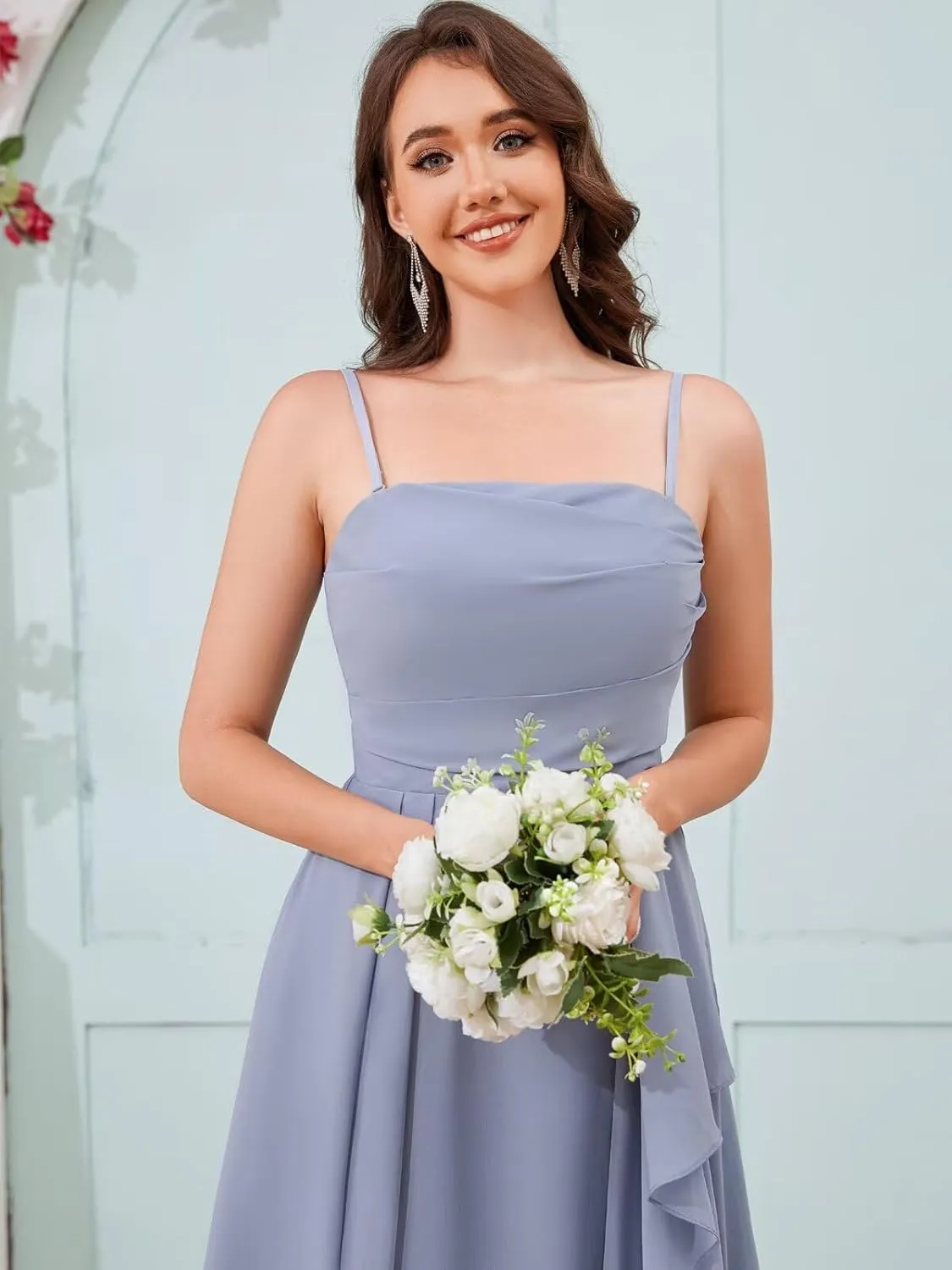 Strapless Bridesmaid Dresses for Women with Slit Ruffle Chiffon Ruched Formal Long Evening Gowns
