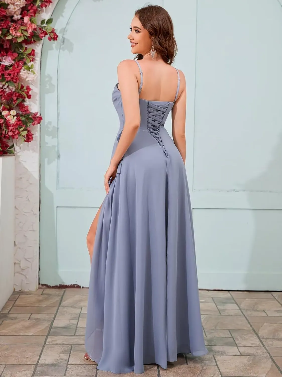 Strapless Bridesmaid Dresses for Women with Slit Ruffle Chiffon Ruched Formal Long Evening Gowns