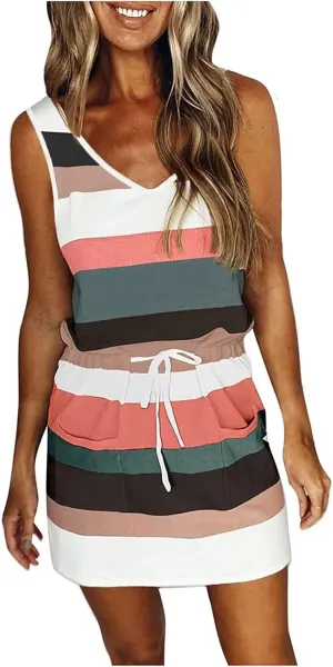 Striped Beach Dresses for Women Summer Sleeveless Sundress V Neck Drawstring Waist Mini Dress with Pocket 2025 New