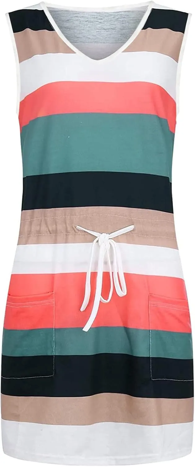 Striped Beach Dresses for Women Summer Sleeveless Sundress V Neck Drawstring Waist Mini Dress with Pocket 2025 New