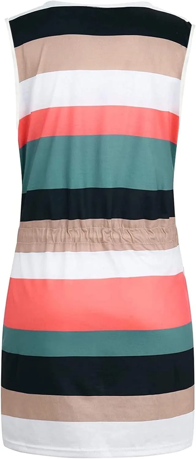 Striped Beach Dresses for Women Summer Sleeveless Sundress V Neck Drawstring Waist Mini Dress with Pocket 2025 New